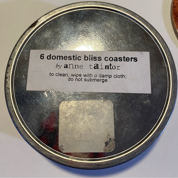 6 Domestic Bliss Coasters GUC in tin by Anne Taintor cork bottoms retro style - Picture 3 of 10